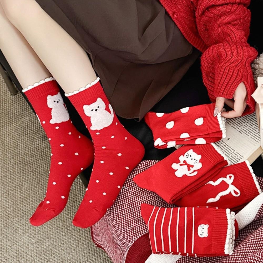 5 Pairs Soft Polka Dot Socks Breathable Stripe Socks Kitten Red Socks  Spring Festival