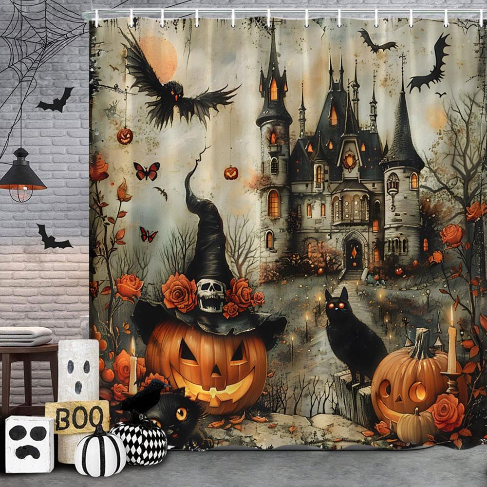 Spooky Horror Halloween Skeleton Crow Shower Curtain Black Bat Black Cat Polyester Fabric Bath Curtain Bathroom Decor With Hoo