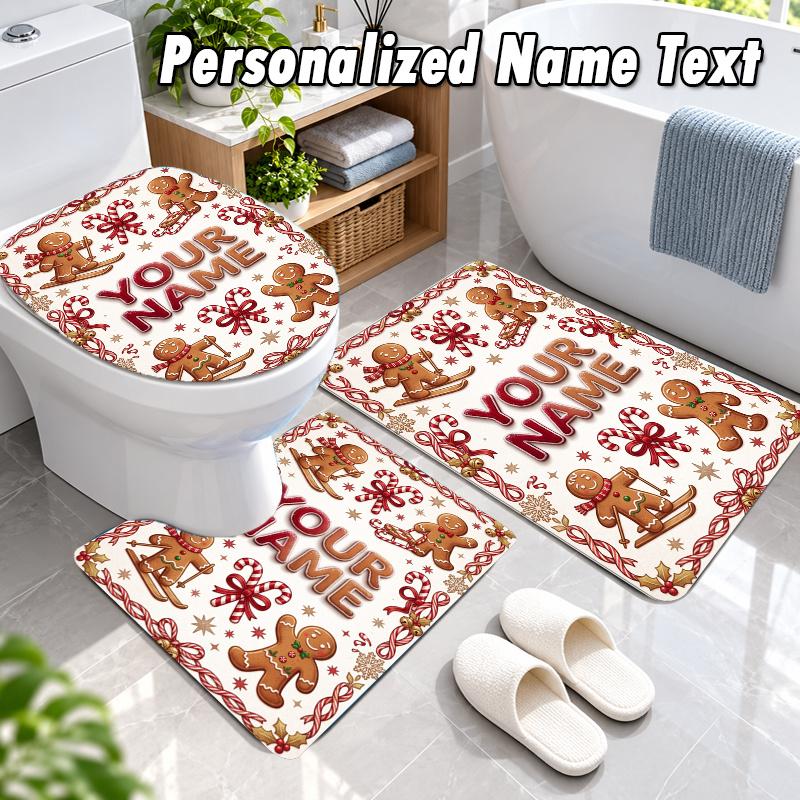 Christmas Custom Name 3Pcs Flannel Bathroom Mat Set Toilet Rug Personalized Bath Decor