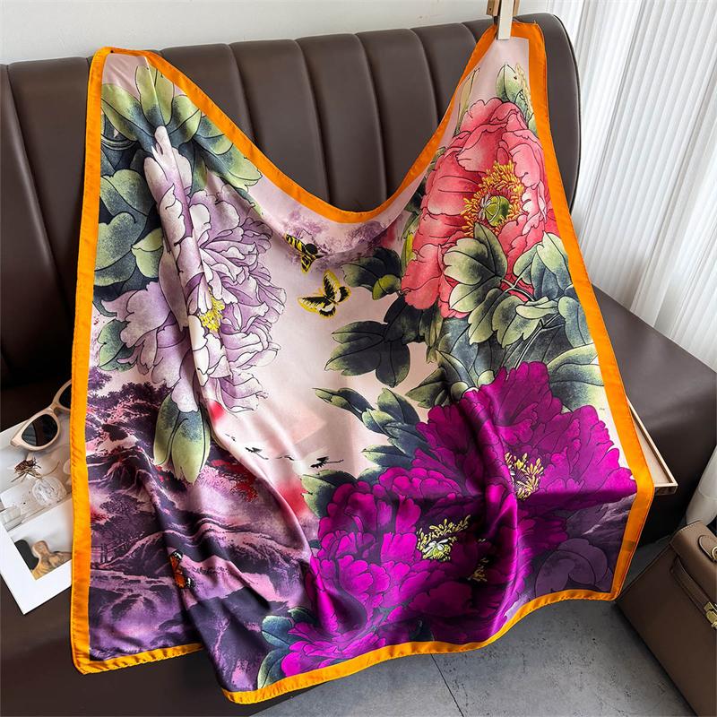 

90x90cm Foulard De Tête Imprime Pour Femmes, Foulard Quatre Saisons En Satin Carré, Hijab Pour Dames 90cmX90cm