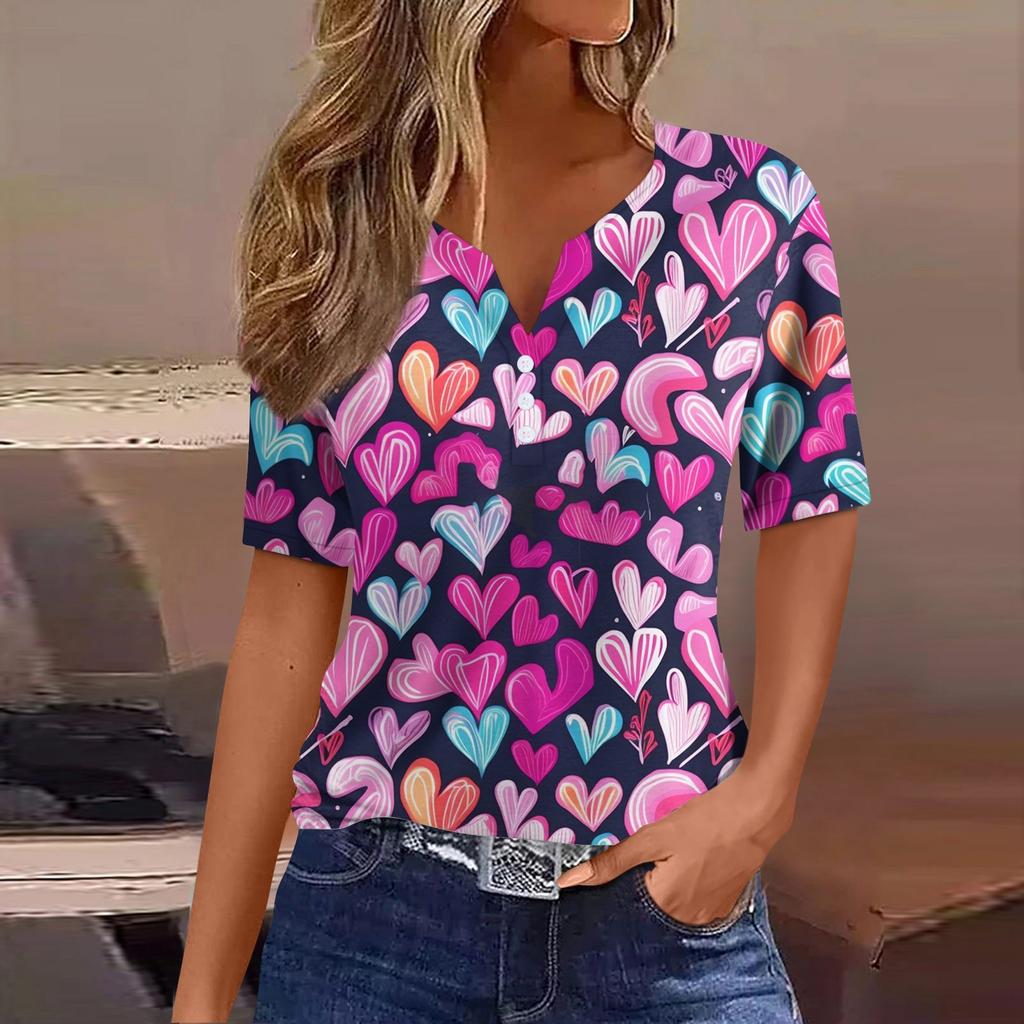 Women's T Shirt Tee Valentine's Day Print Button Short Sleeve Daily Weekend Fashion Basic V- Neck Regular Top