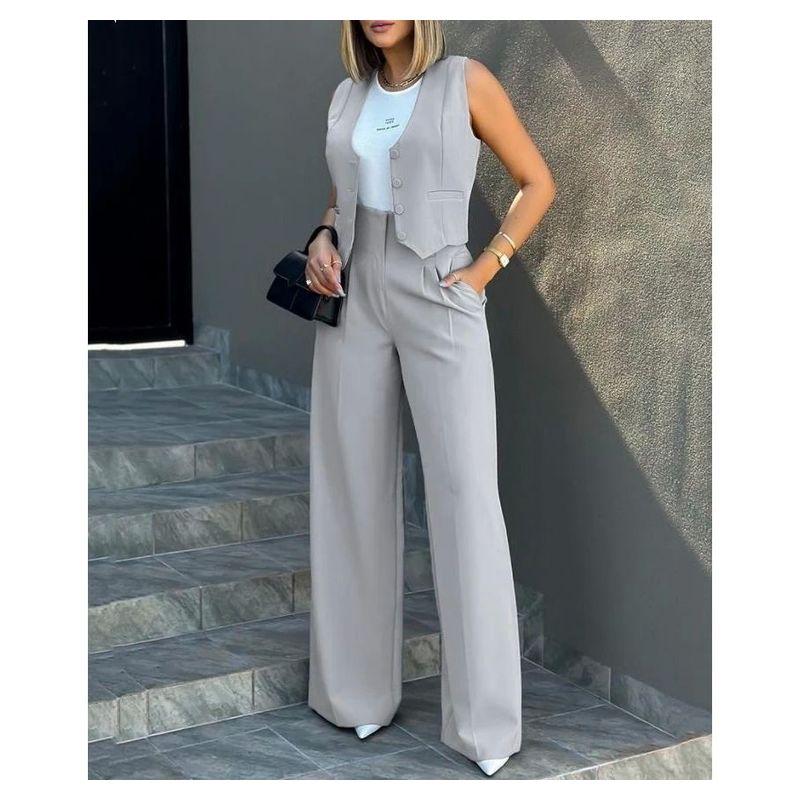 

Suit Waitcoat Wide-Leg Pant Suit Vest Loose Pants Casual Two-Piece Suit Women GRAY XL