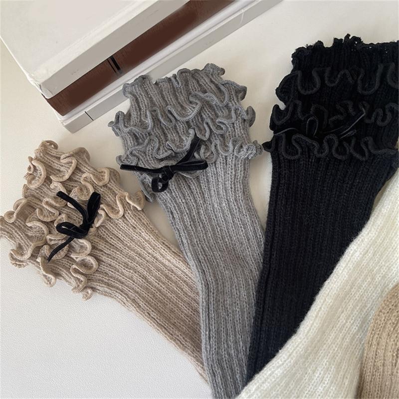 Ribbed Knit Boot Cuffs Footless Socks with Elegant Bows Designs for Women Layered Ruffle Edge Leg Warmers Streetwear