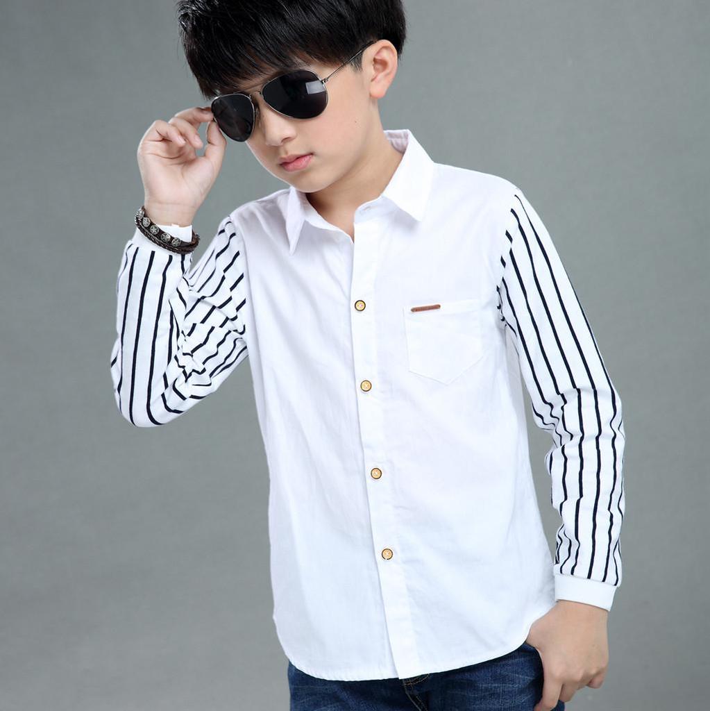 Teenager Baby Kinder Jungen Langarm Streifen Verschluss Gentleman Hemd Tops Kleidung