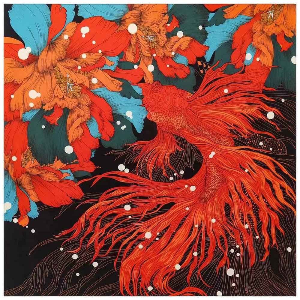 

130CM*130CM Silk Scarf Women Large Shawls Luxury Goldfish Flower Design Square Scarves Echarpes Foulards Femme Neckerchief 130x130cm