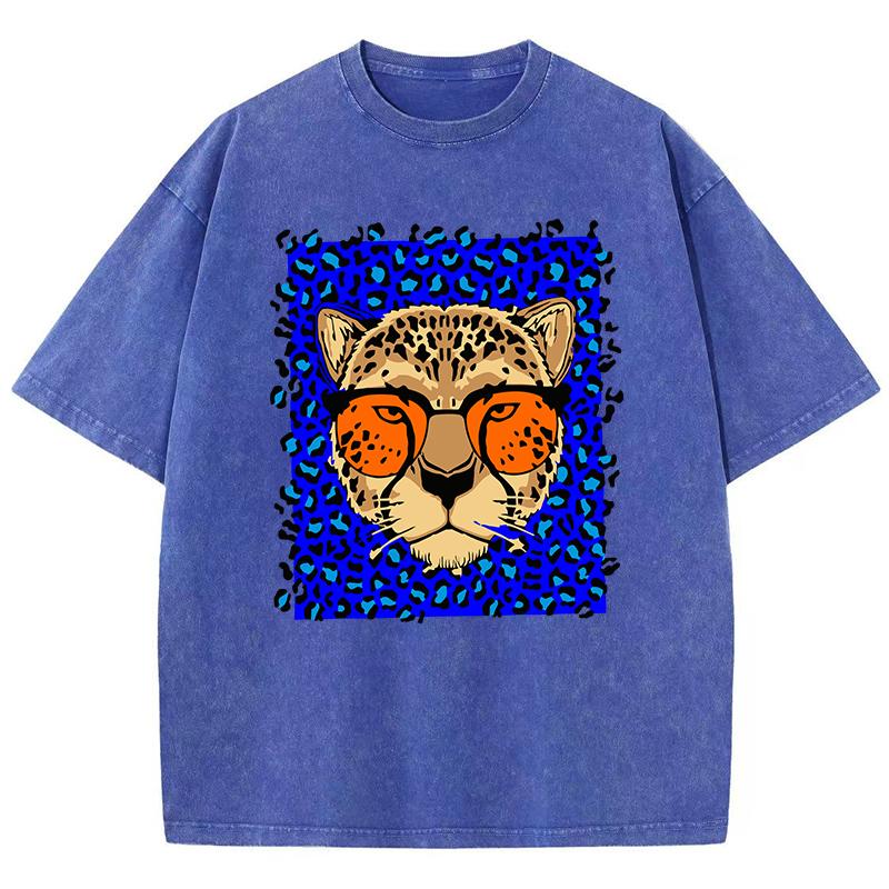 Tricouri Spălate pentru Femei Desene Animate Comic Imprimeu Ghepard Mânecă Scurtă Bumbac Uzat Oversize Gât Rotund Topuri Haine de Stradă