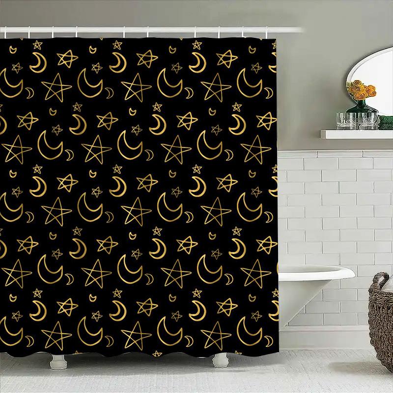 Charming Bathroom Decor: Moon Stars Crescent Moon Print Shower Curtain with Rod Pocket for Home Decoration Black and Gold Floral