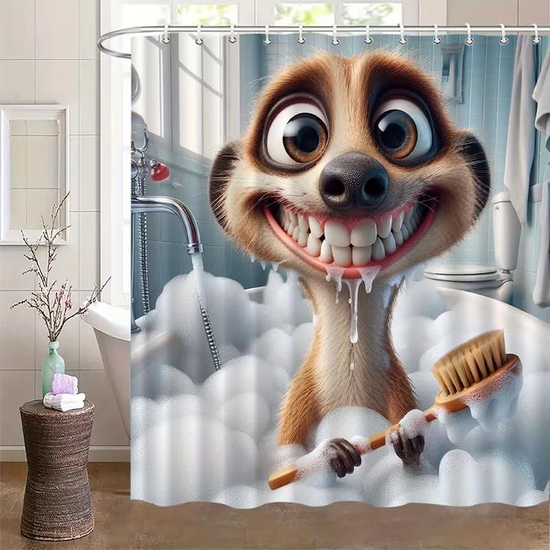 VIKAMA Cartoon Bathing Fox Shower Curtain Machine Washable Nordic Instagram-Style Bathroom Fun Healing and Adorable Pet Vibes