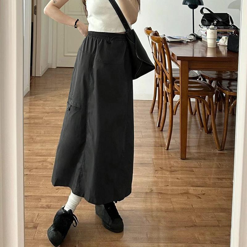 Plus Size High-waisted Slimming A-line Utility Midi Skirt for Women, Summer Versatile Elegant Hip-hugging Long Skirt  Solid Gray Midi Skirt S