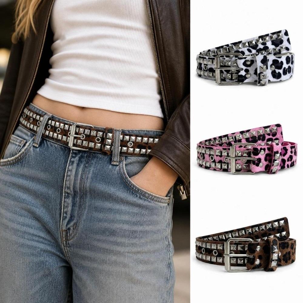 Adjustable Studded Punk Belt Pin Buckle PU Leather Belt Bohemian Leopard Print Belt For Women Men
