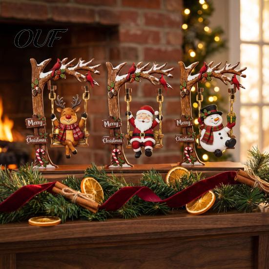 Seasonal Holiday Tree Decor Christmas Wooden Ornaments, Santa Snowman Figurine with Moving Creative Desktop Ornaments Swing, Rustic Tabletop