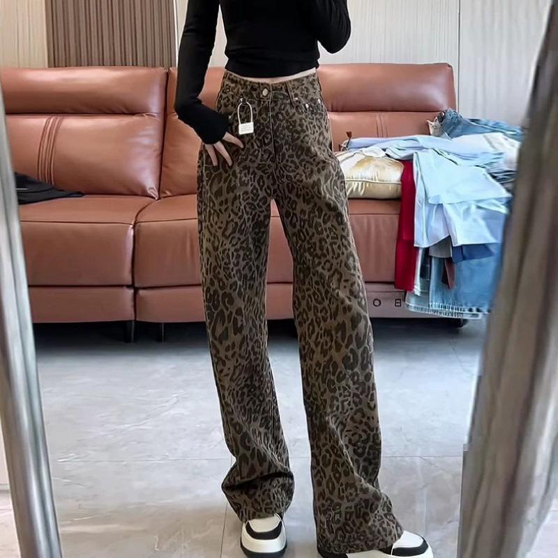 High Waist Leopard Print Wide-Leg Jeans - Autumn & Winter Style