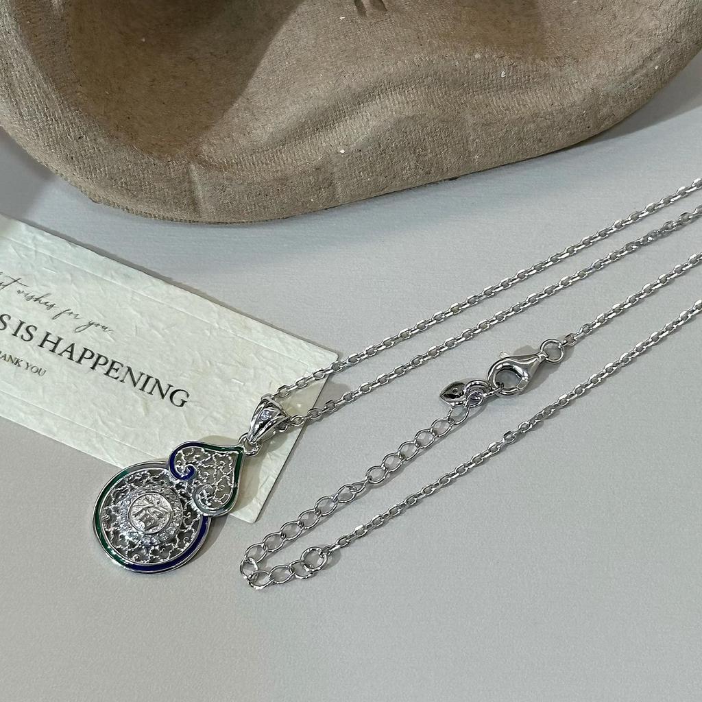 S925 Sterling Silver Enamel Gourd Necklace: Fashionable Chinese Style with Auspicious Clouds, Luxury Clavicle Chain for Fortune & Prosperity