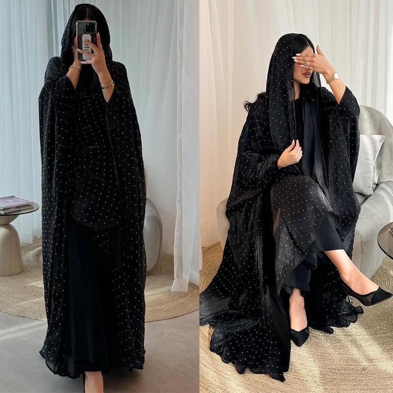 MQ197 Modest Dubai Abaya Set: Long Robe Coat with Hot Drill Details & Headscarf