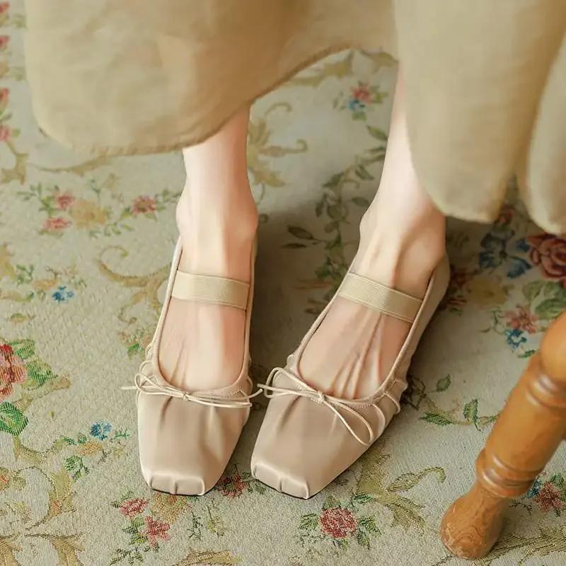 French Silk Ballet Flats Women's Elastic Mary Janes Comfortable Flat Head Square Low Cut Grandma Shoes High Heel Single Shoes