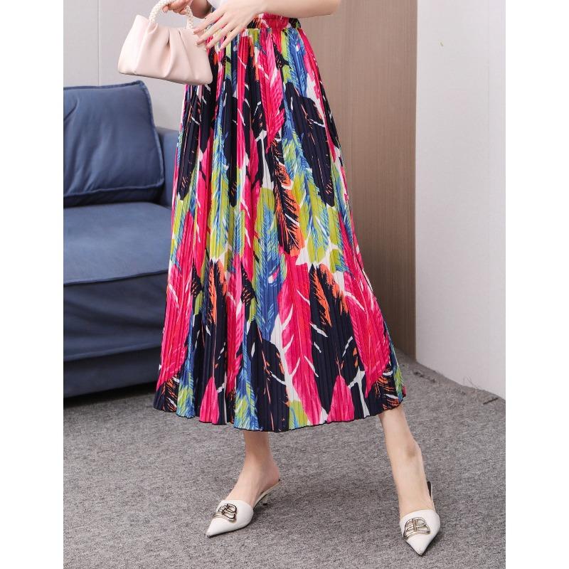 Spring New Fashion Pleated Skirt Digital Printing Long Skirt Elastic Waist Supply Temperament Commuting