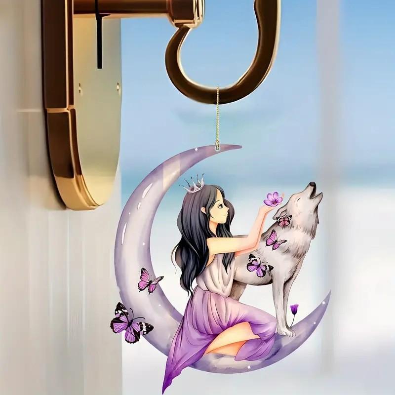 Colorful Acrylic Cartoon Floral Moon Girl Wolf Butterfly Car Pendant For Unique Auto Style
