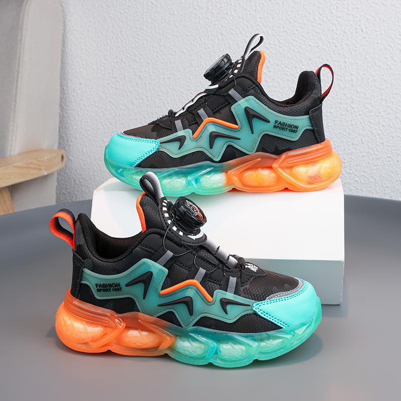 Boys' Shoes Autumn and Winter New Mesh Rotating Buckle Leather Children's Sports Shoes Medium and Older Children's Leisure Girls' Travel Shoes