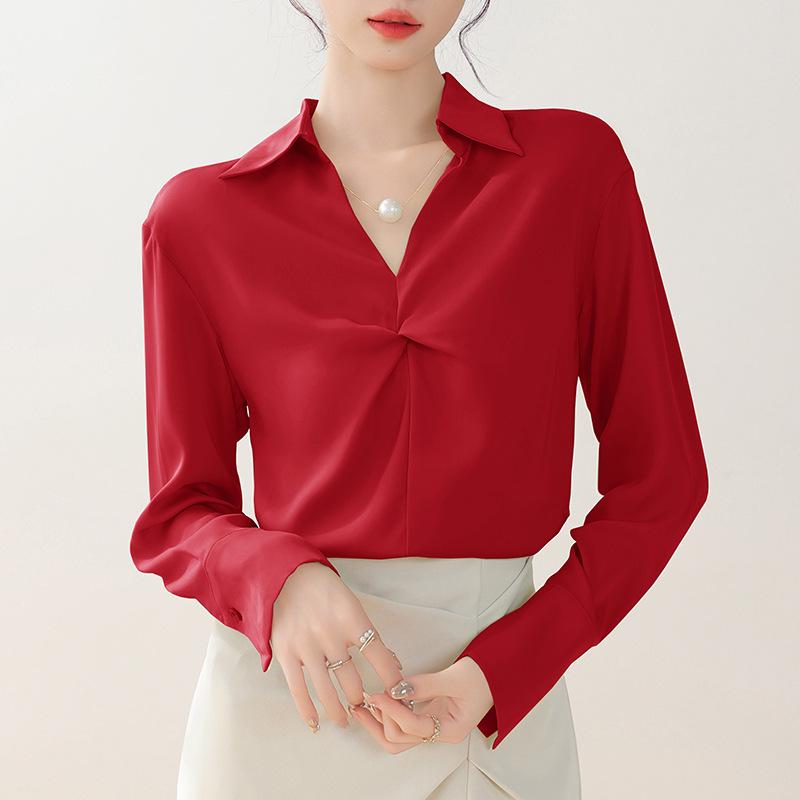 Women s Spring 2026 French Satin Shirt with Pearl Necklace - Elegant and Slimming XL ярко-красный