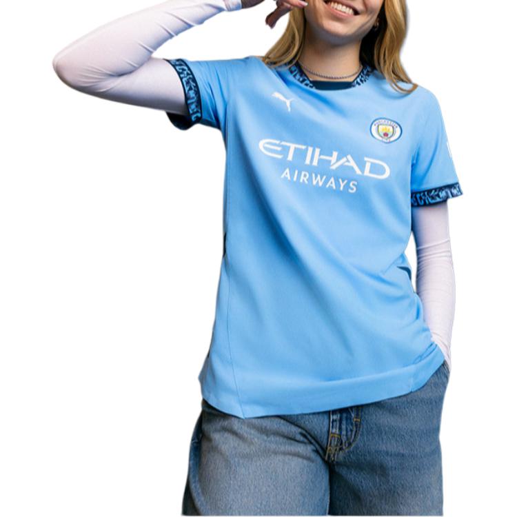 Puma Badge Print Letter Round Neck Quick-Dry Short Sleeve Soccer Jersey Manchester City Home Fan Edition Men Tops Light-Blue 775075-01