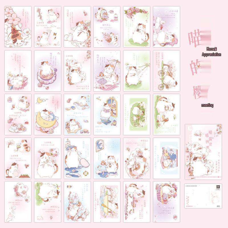 Mu Ran Cat Postcards - Cherry Blossom Viewing Party Greeting Cards, 30 Sheets