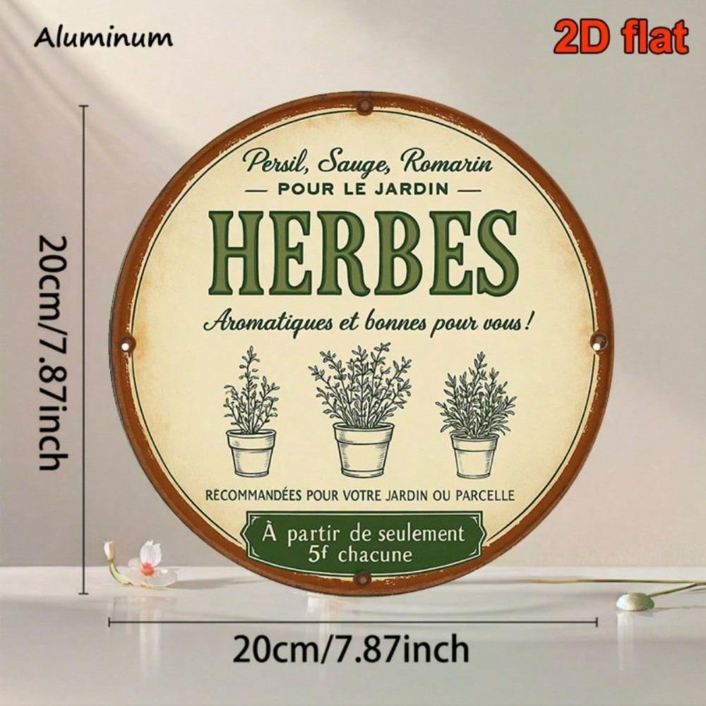 Vintage French Country Herb Tin Sign Round Tarragon Chamomile Marjoram Rustic Kitchen Farmhouse Wall Decor