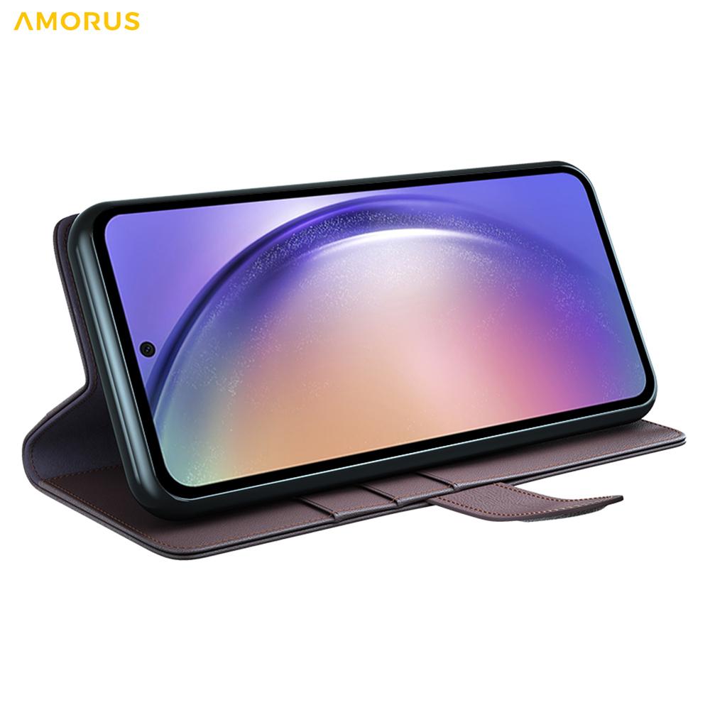 AMORUS For Samsung Galaxy A55 5G Stand Cases Calf Texture Genuine Split Leather Wallet Phone Cover