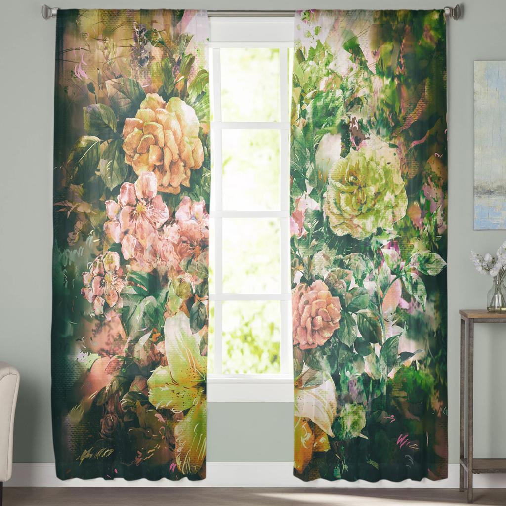 Oil Painting Style Flower Rose Abstract Sheer Curtains for Living Room Modern Voile Curtain Bedroom Tulle Curtains Window Drapes