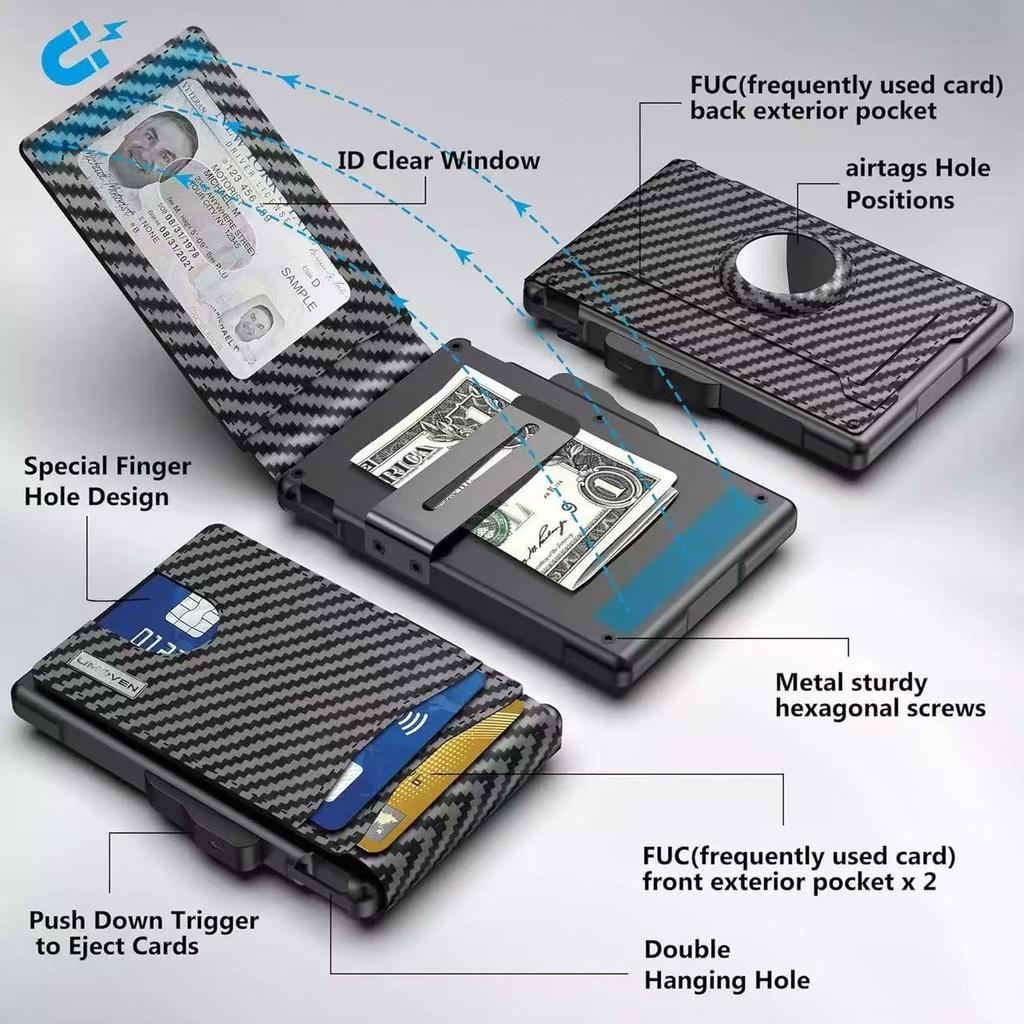 Men's wallet card bag Long airtag card bag Large capacity card position Flip carbon fiber metal card box