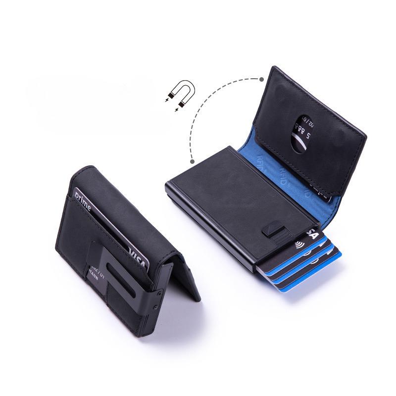 Luxury Men RFID Blocking Card Holder Smart Wallet Carbon Fiber Minimalist Bifold Pop Up Aluminum Credit Card Case with ID Window