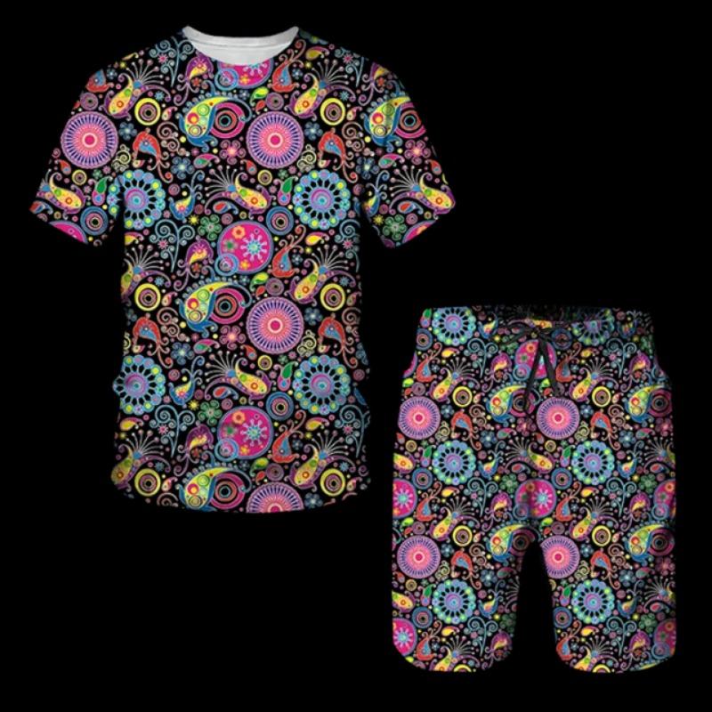 Summer 3D Printed T-shirt Shorts 2-Piece Set Casual Luxury Vintage Gold Pattern Men's Sports Suit 2024 Street Fashion Men's C