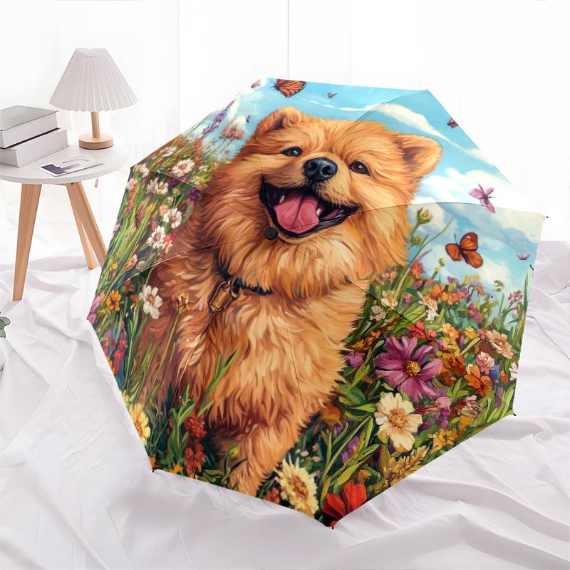 Chow Chow and Grass Pattern, Automatic Folding Umbrella, Portable and Foldable Design, 8 Ribs, a Christmas or Birthday Gift.