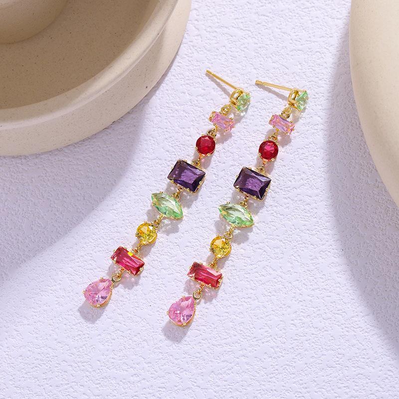 Dopamine Geometric Zircon Tassel Earrings: Colorful, Light Luxury, Fashionable.