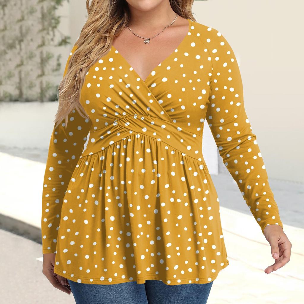 Women's Plus Size Shirt Long Sleeve  Print Top Pleated Casual V-Neck Top