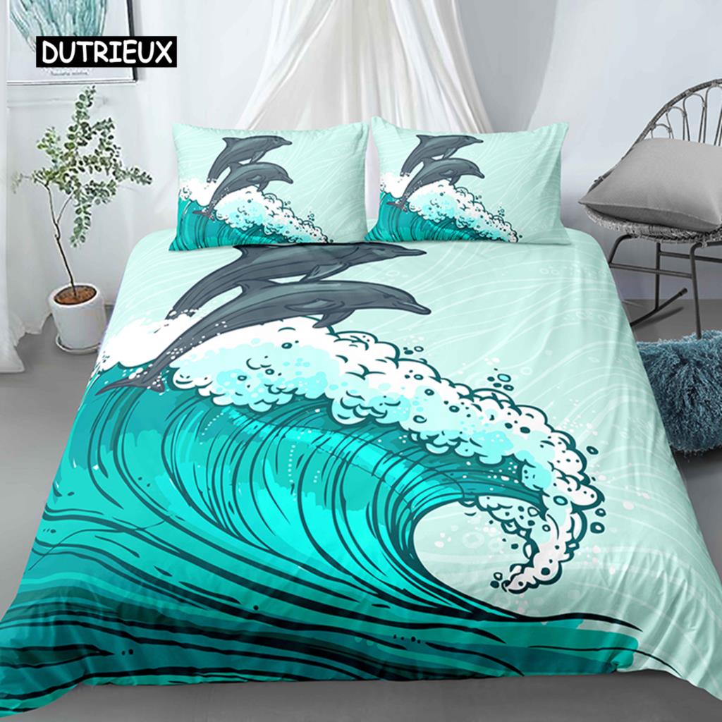 Ocean Wave Duvet Cover Set Beach with Foamy Waves Twin Bedding Set Polyester Sea Shore Holiday Theme Queen King Size Quilt Cover