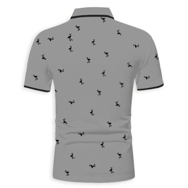 Men Fashion Flamingo Print Turn Down Collar Short Sleeve Casual Polo Shirt