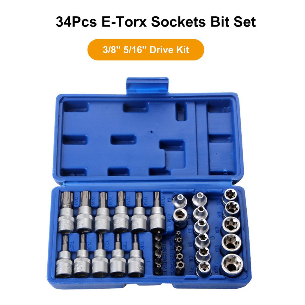 34Pcs E-Torx Sockets Bit Set Male Female E-torx Bits 3/8'' 5/16'' Drive Kit with Storage Box