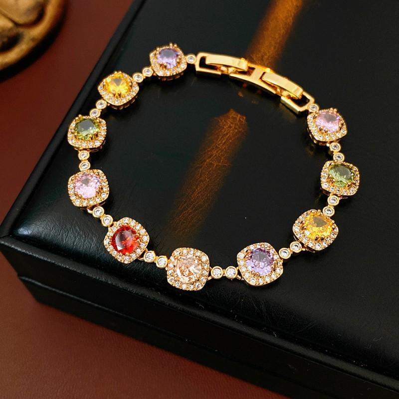 Vintage-Inspired Geometric Square Curb Chain Bracelet With Zirconia Accents Gold Plated Copper Women Bracelet - Gold Tone - Multicolor Real Gold Plated