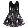 Women's Casual V-Neck Long Sleeve Halloween Print Vintage Dress for Halloween Party