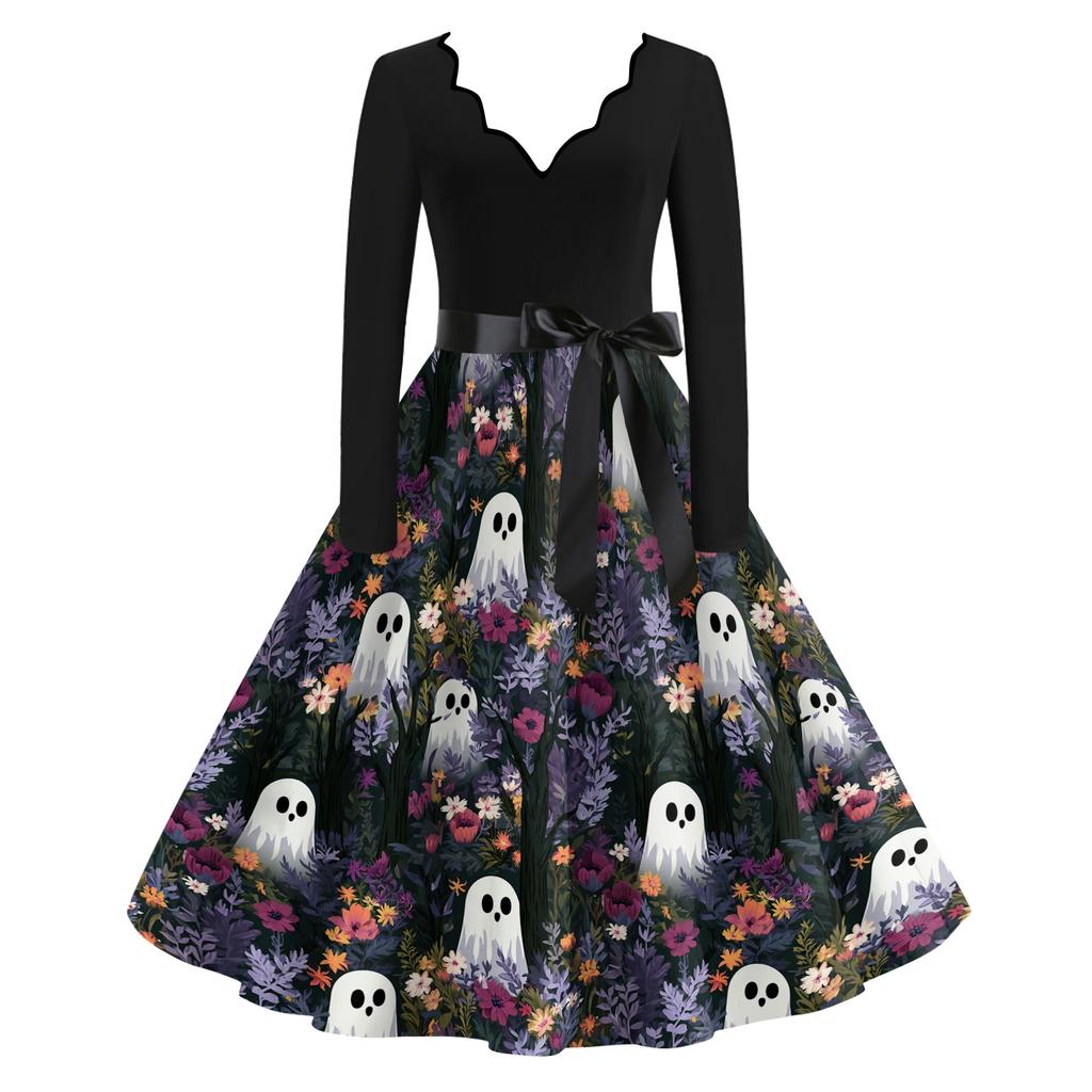 Women's Casual V-Neck Long Sleeve Halloween Print Vintage Dress for Halloween Party