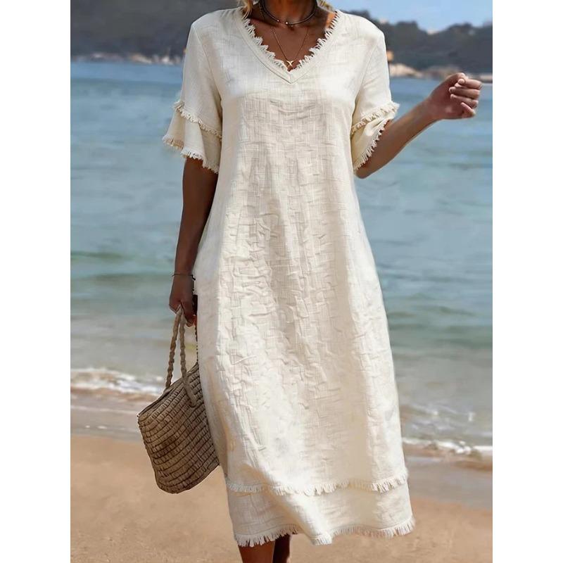 BITCED Fashion Summer Spring  Solid Color Print V-Neck Short Sleeve Casual Dresses