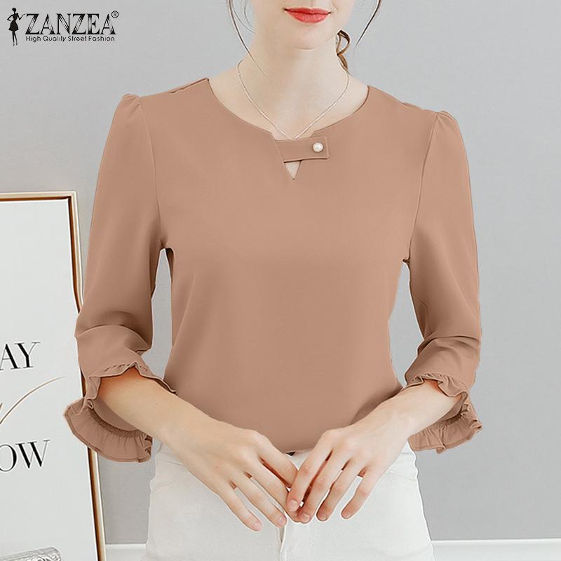 

ZANZEA Женская повседневная однотонная летняя блузка с круглым вырезом и рукавами 3/4