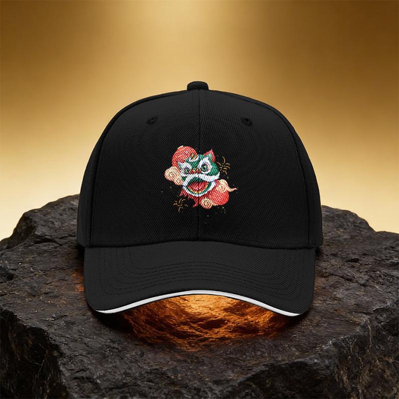 Chinese Style Lion Dance Blessing Hat, Unisex Printed Baseball Cap Sandwich Brim Sports Cap, Suitable for Daily Commuting and Tr