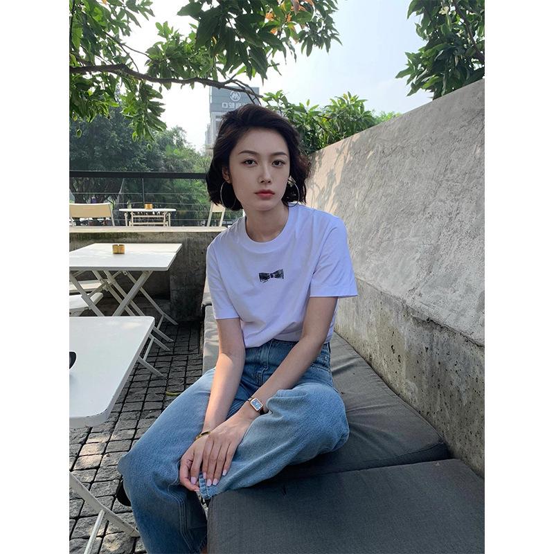 Gourcuff Women s Spring 2026 Bow Print Hand-Painted Short Sleeve Round Neck White T-shirt M белый