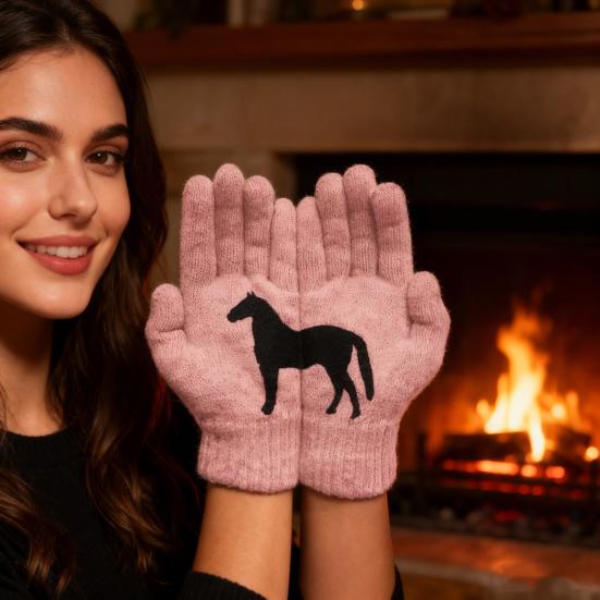 Black Horse Print Gloves Warm Ribbed Knitted Gloves Funny Horse Winter Gloves Gift for Men Women Driving Daily Errands Use