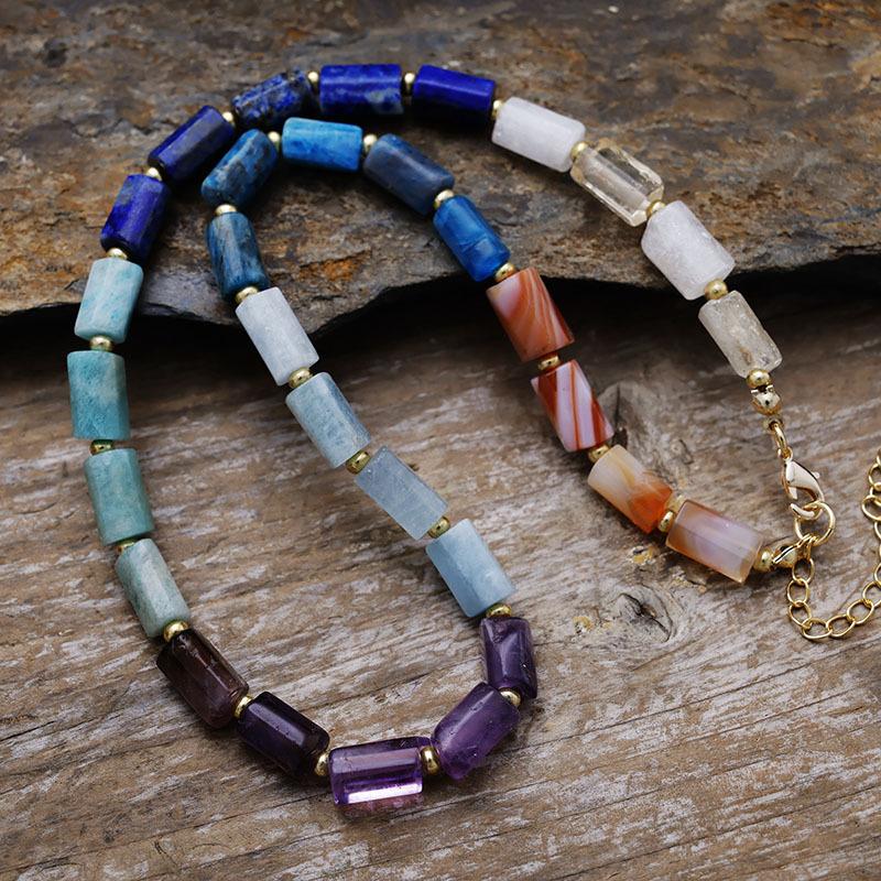 Luxury natural stone crystal 7 colors simple fashion European and American popular jewelry hexagonal column collarbone chain necklace jewelry
