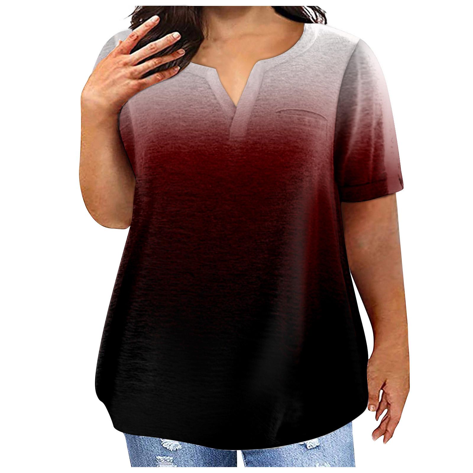 

Модная женская повседневная футболка больших размеров с коротким рукавом и круглым вырезом с градиентным принтом и карманами XL винный