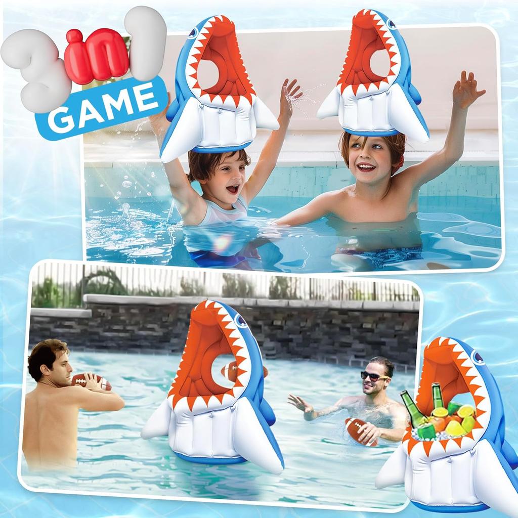 iPlay, iLearn Pool Wave Kids Shark Pool Toy, 3-in-1 Inflatable Float Water Game Basketball Football Head Hoop Toss, Toddler Outdoor Summer Swimming
