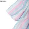 ZANZEA Women Casual Round Neck Short Sleeve Stripe Long Dress