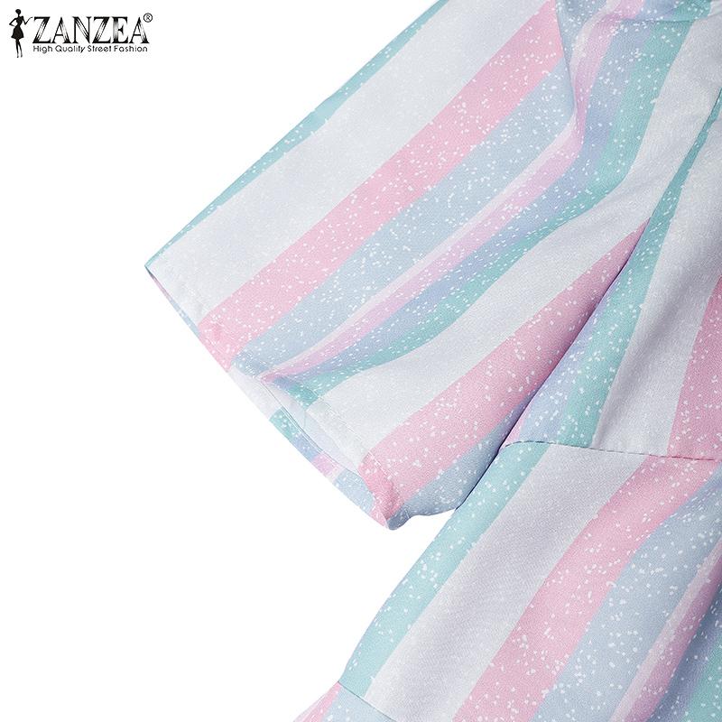 ZANZEA Women Casual Round Neck Short Sleeve Stripe Long Dress